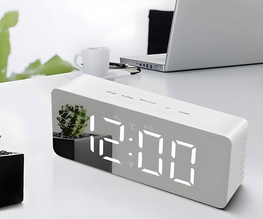 Digital LED Mirror Alarm Clock for Heavy Sleepers Table Clock for Study Table Aesthetic Smart Clocks Time Piece with Loud Alarm Clock for Students Home Office Bedroom Bedside Watch - Mirror