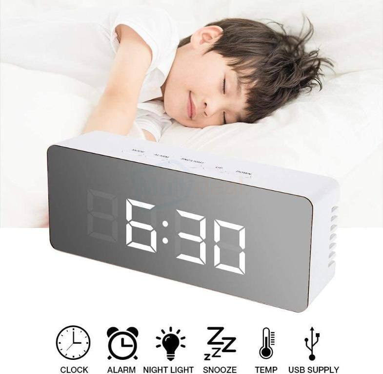 Digital LED Mirror Alarm Clock for Heavy Sleepers Table Clock for Study Table Aesthetic Smart Clocks Time Piece with Loud Alarm Clock for Students Home Office Bedroom Bedside Watch - Mirror