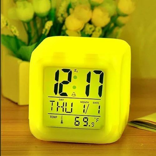 Plastic 7 Color Changing Led Digital Alarm Clock with Date Time, Multicolor